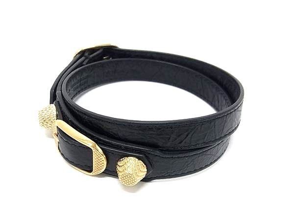 Balenciaga Bracelet Giant Black Leather 3 Row Studs Gold — view 2