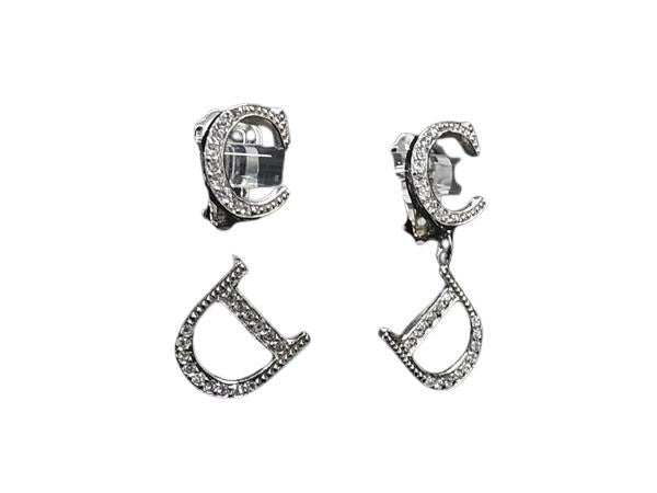 Dior Earrings Silver Metal Rhinestone Clip on