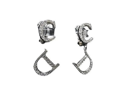 Dior Earrings Silver Metal Rhinestone Clip on