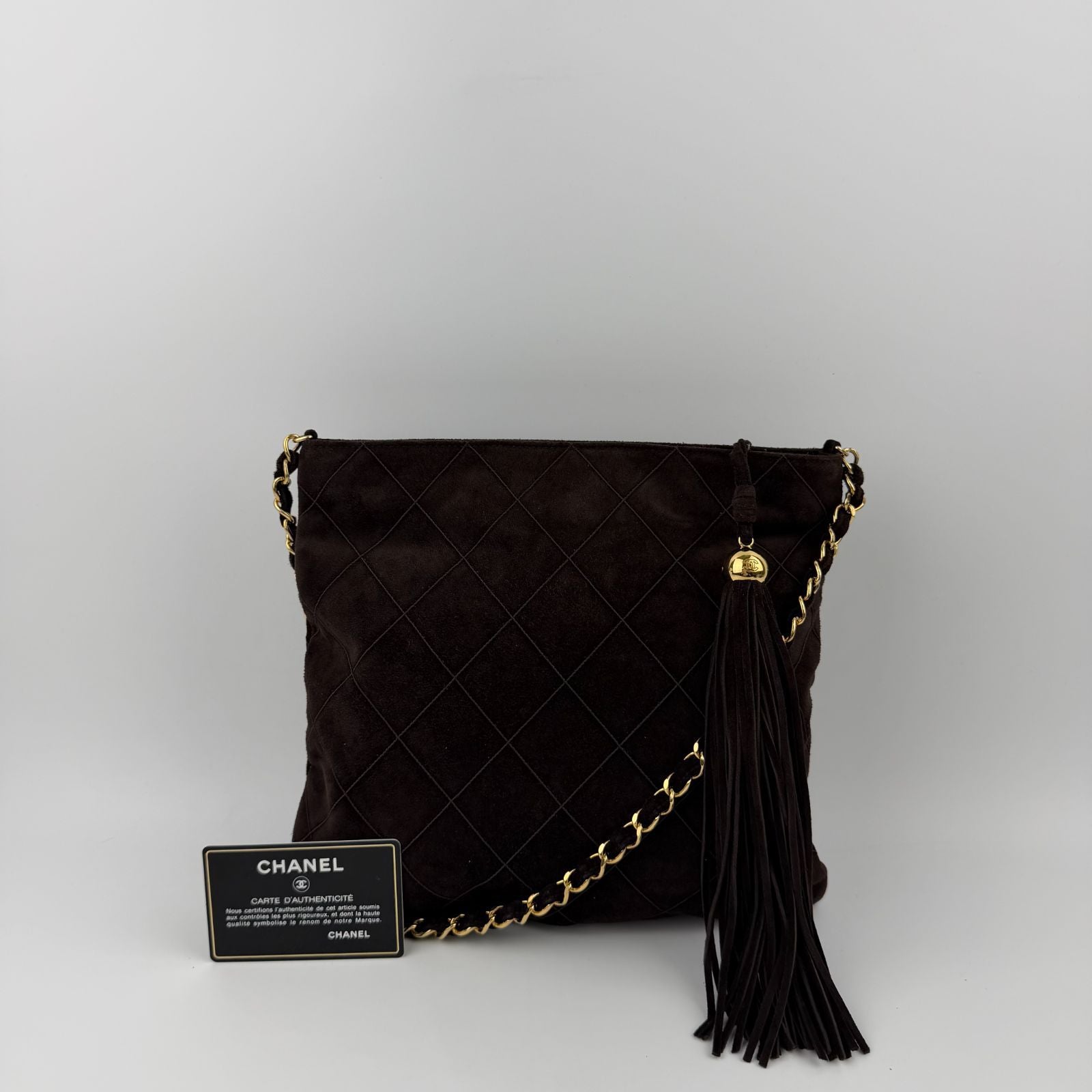 Chanel CC Logo Quilted Chain Shoulder Bag Brown Suede No 5 Vintage