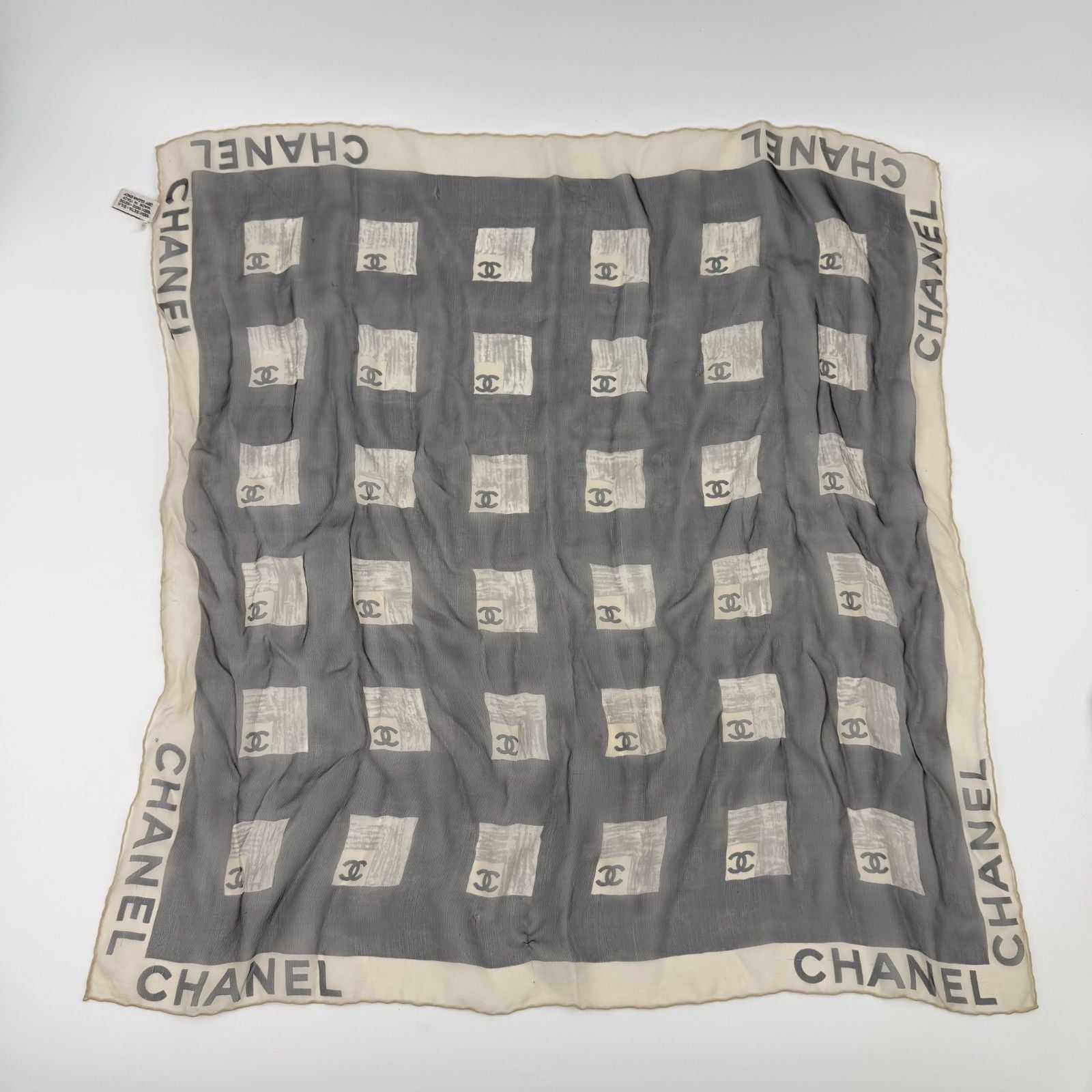 Chanel CC Logo Scarf Silk Gray Vintage