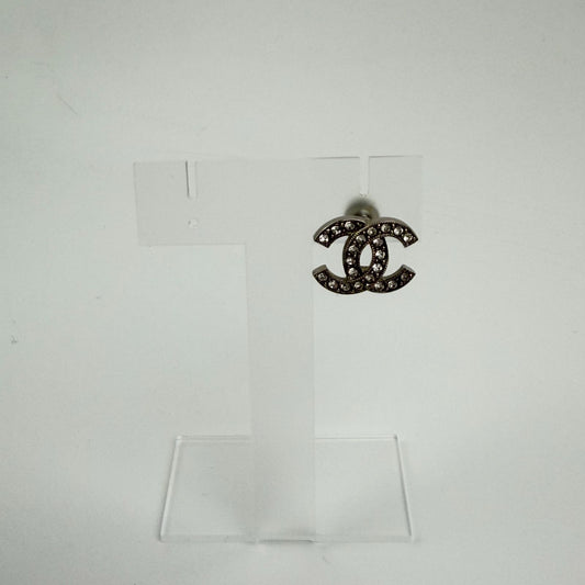 Chanel CC Logo Single Pierced Earrings Rhinestone Silver Vintage