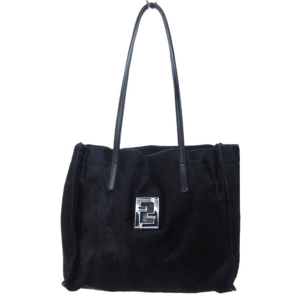 Fendi Vintage Calf Hair Leather Handbag Tote FF Logo Plate Black HW
