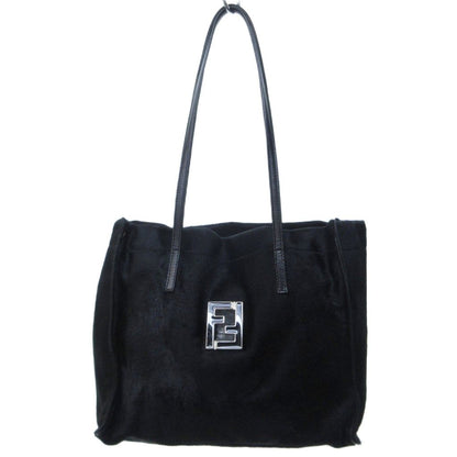 Fendi Vintage Calf Hair Leather Handbag Tote FF Logo Plate Black HW