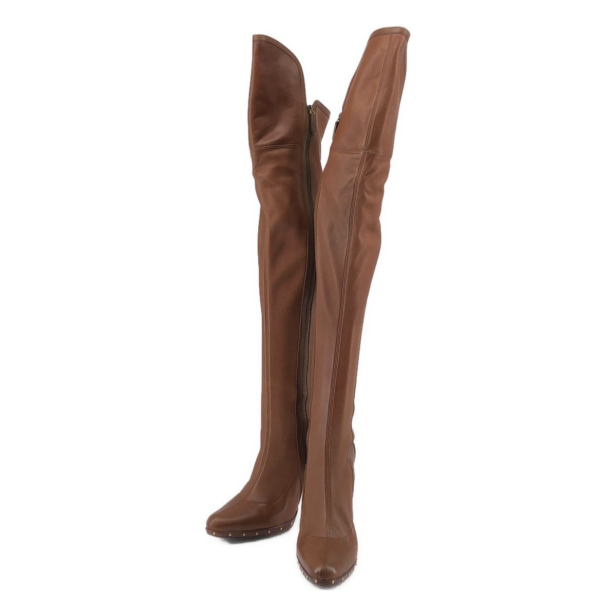 Gucci Pointed Toe Studded Long Boots 39 Brown