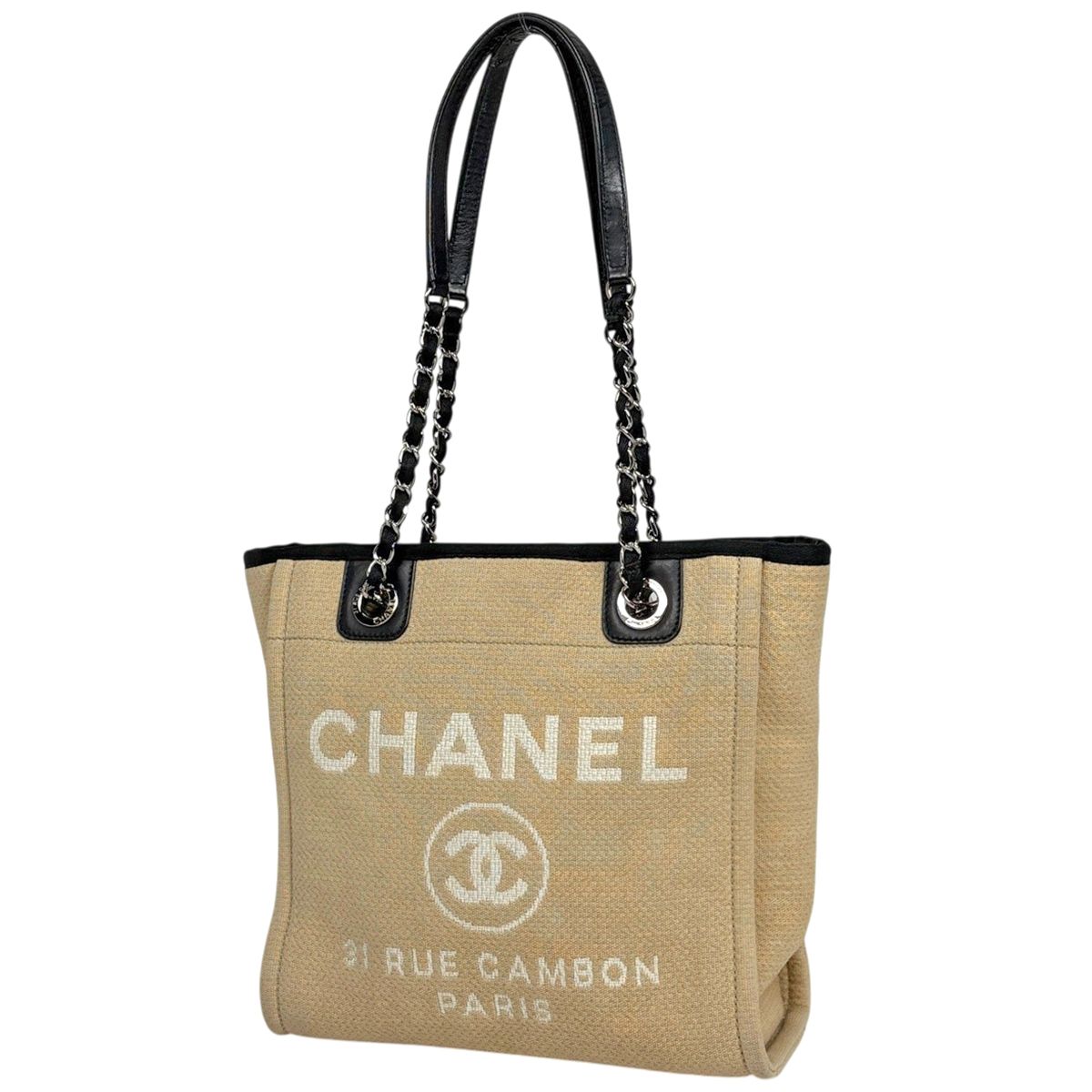 Chanel Deauville Line Chain Tote CC Logo Shoulder Bag Canvas Beige