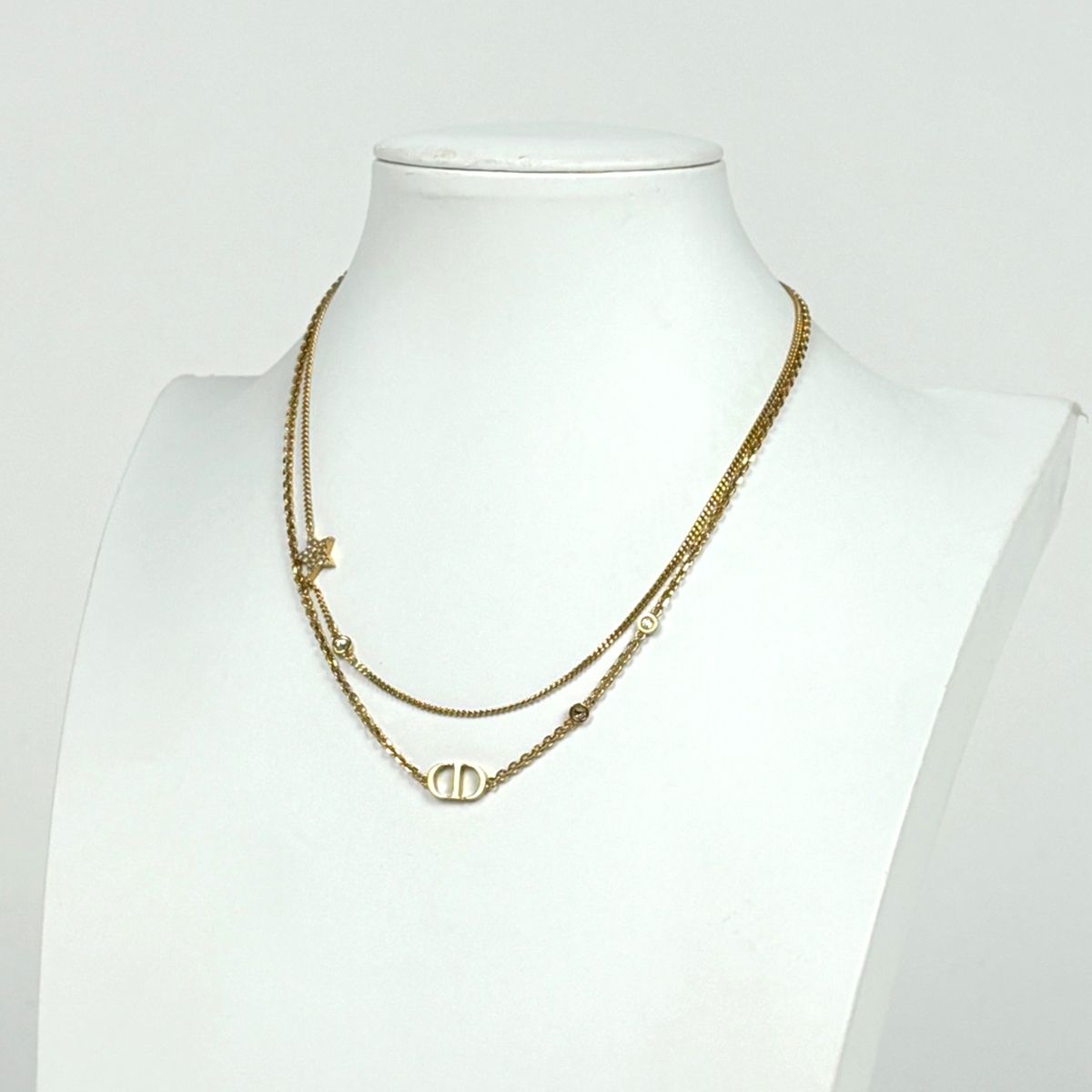 Dior Logo Rhinestone Necklace 2 Row Gold Plated — view 4