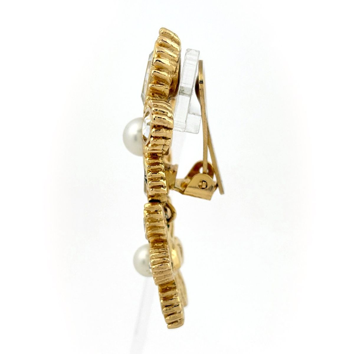 Dior Rhinestone Earrings Flower Faux Pearl Gold Plated — view 2