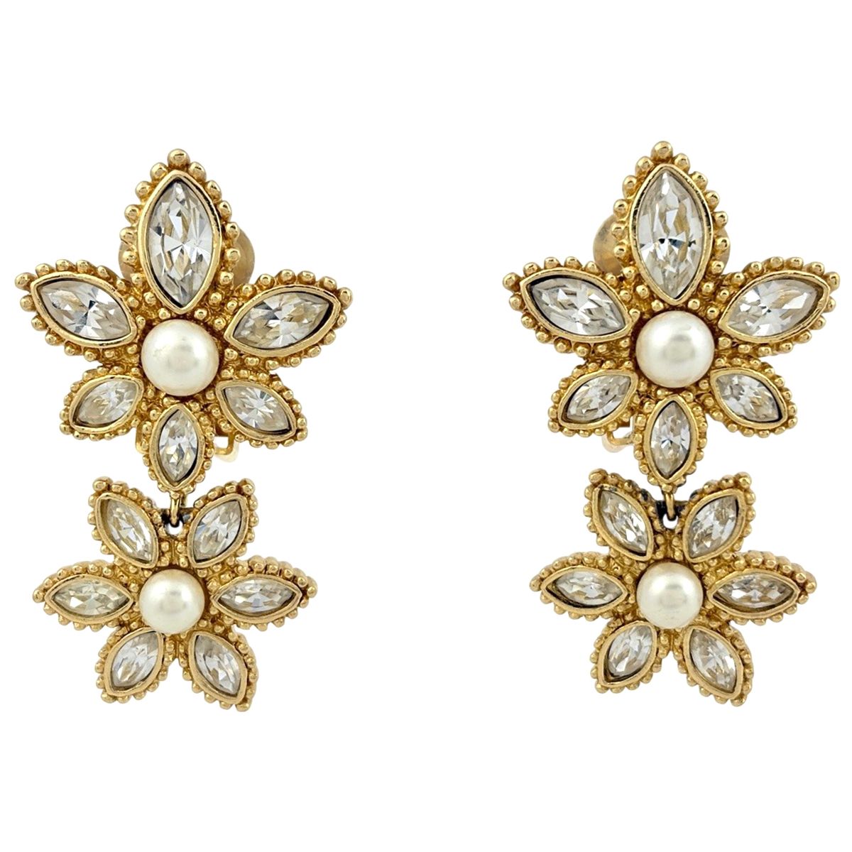 Dior Rhinestone Earrings Flower Faux Pearl Gold Plated
