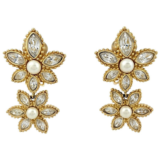 Dior Rhinestone Earrings Flower Faux Pearl Gold Plated