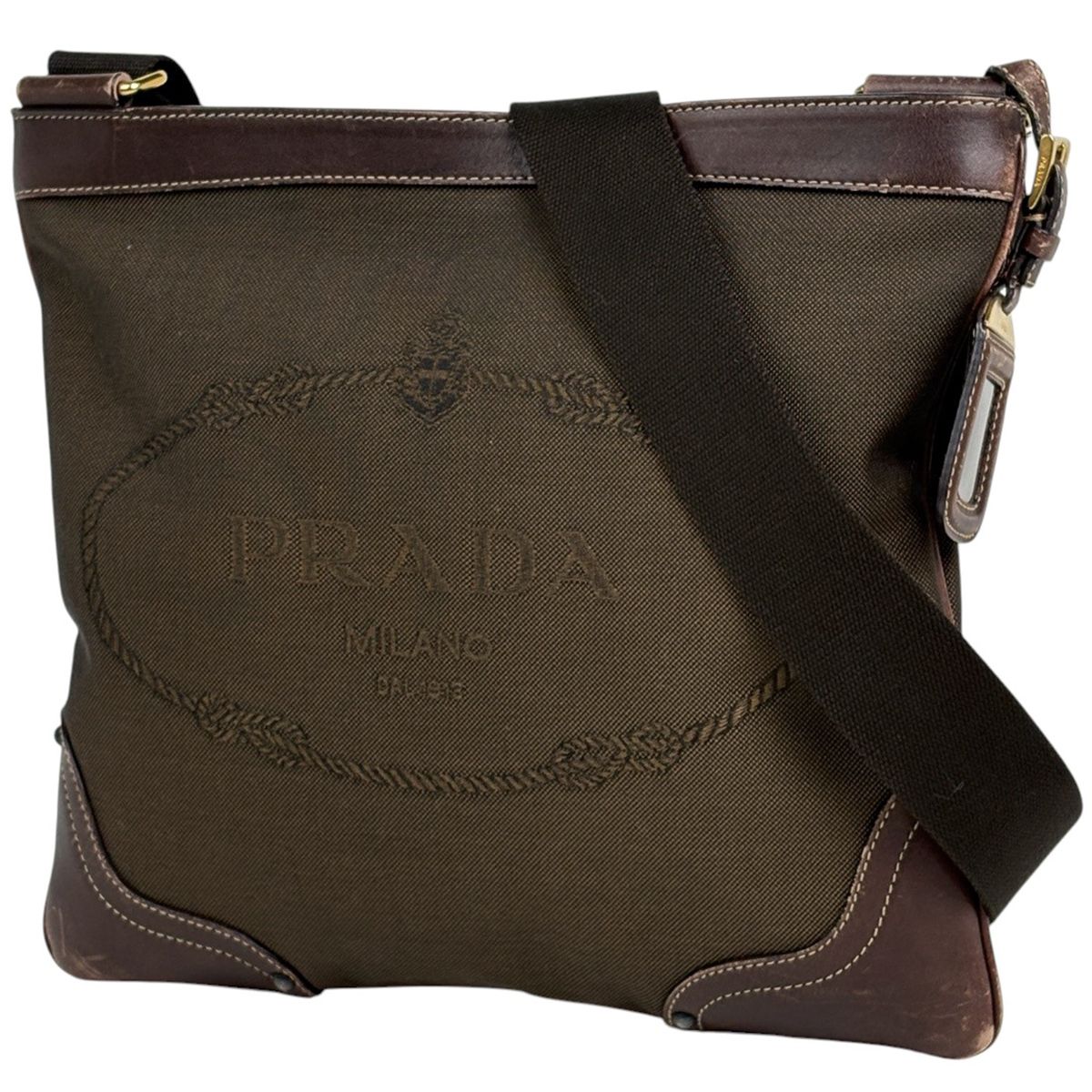 Prada Logo Jacquard Shoulder Bag Canvas Brown