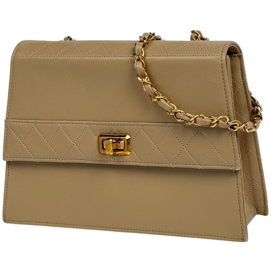 Chanel Logo Chain Shoulder Bag Quilted Leather Beige