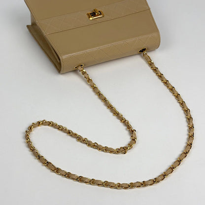 Chanel Logo Chain Shoulder Bag Quilted Leather Beige — view 8