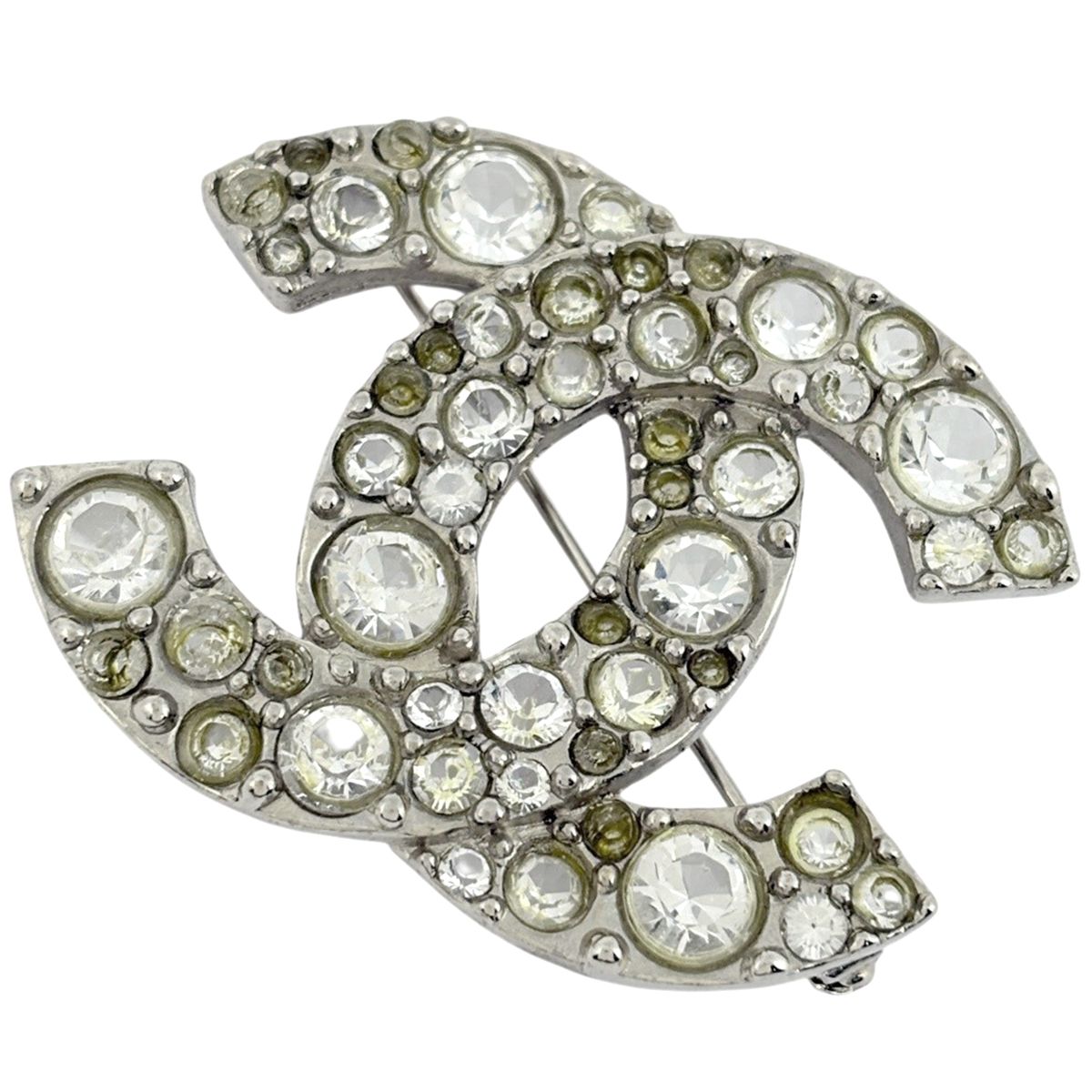 Chanel CC Logo Rhinestone Brooch Silver Plated