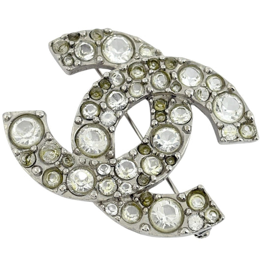 Chanel CC Logo Rhinestone Brooch Silver Plated