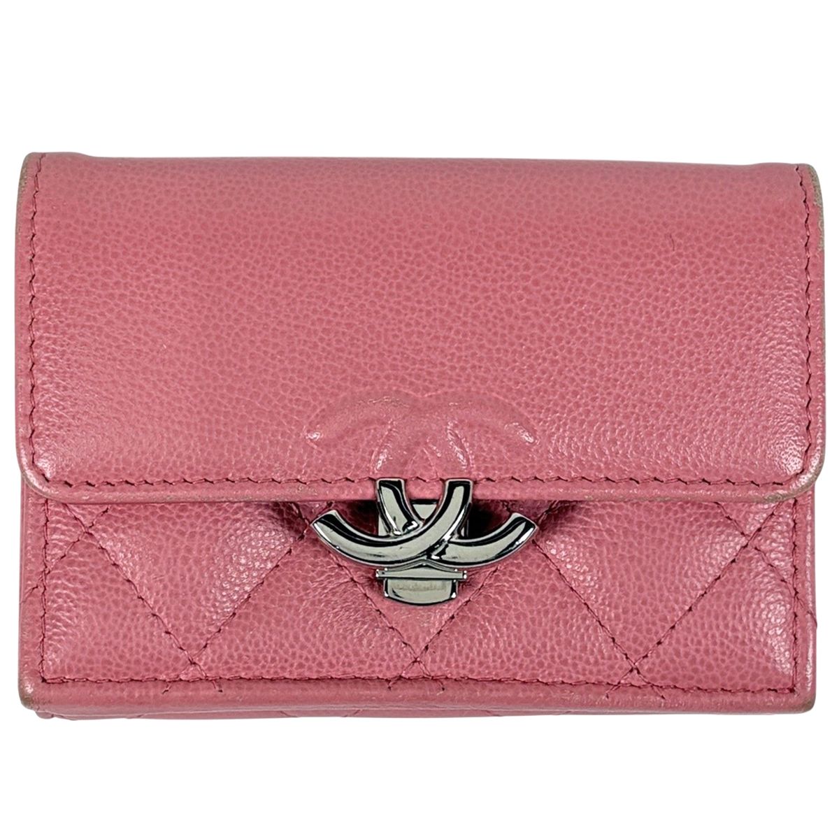 Chanel CC Logo Trifold Wallet Half Coco Quilted Caviar Leather Pink