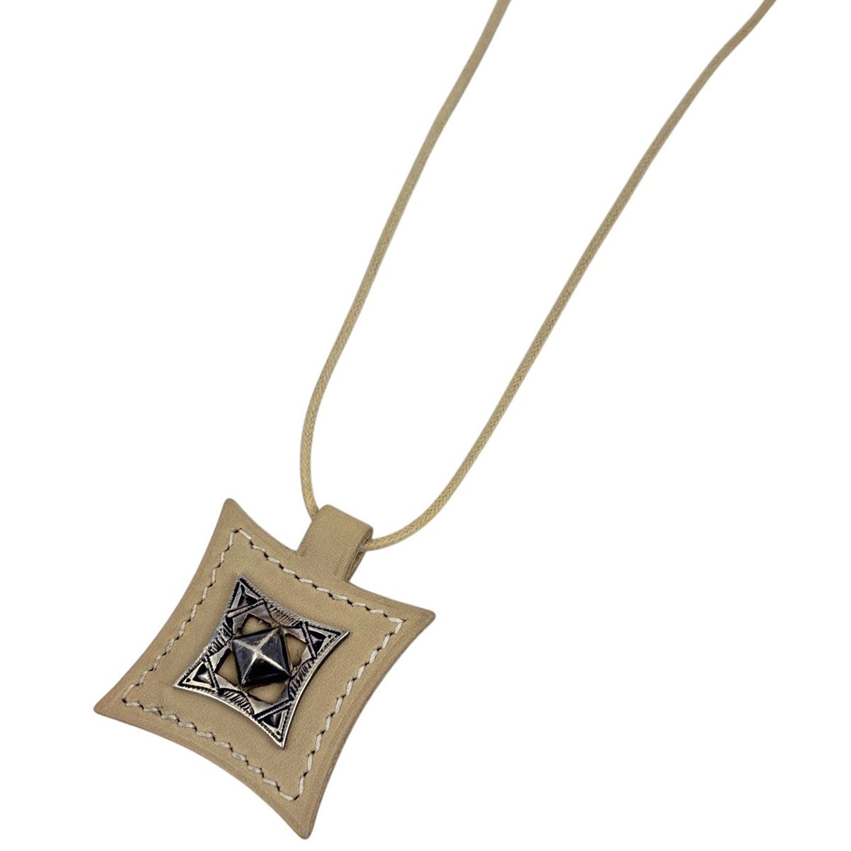 Hermes Touareg Necklace Leather Metal Beige Silver