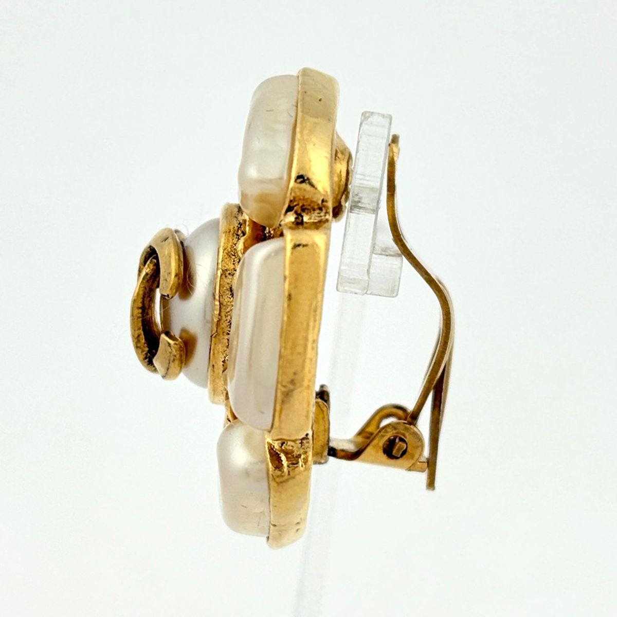 Chanel CC Logo Faux Pearl Earrings Gold Plated — view 2