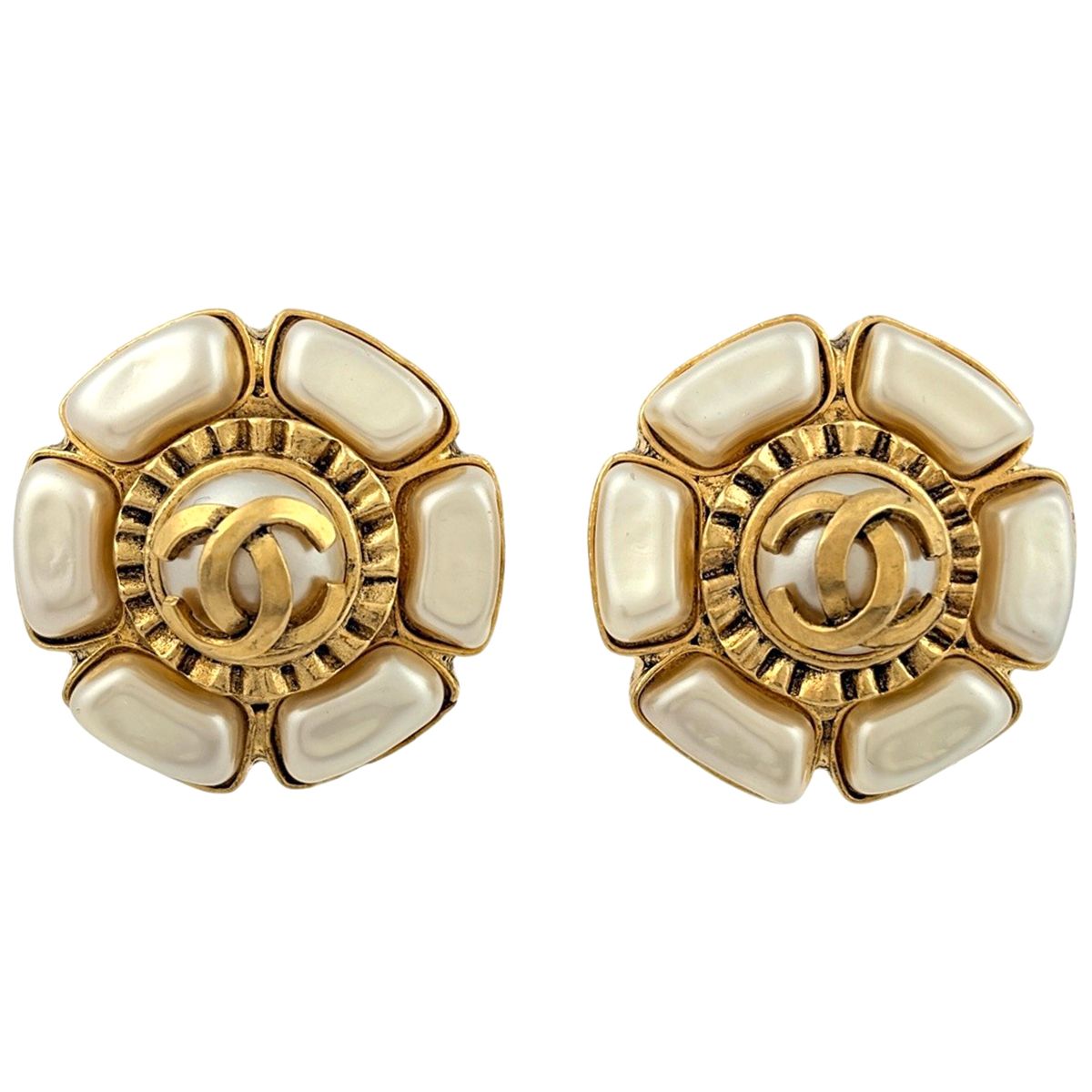 Chanel CC Logo Faux Pearl Earrings Gold Plated