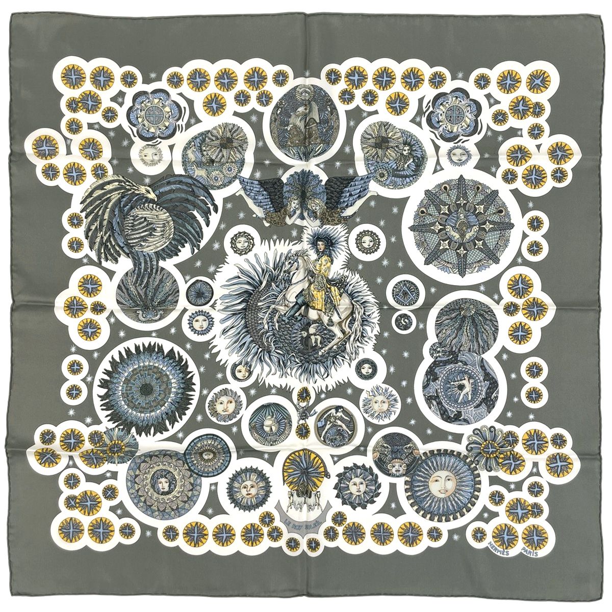 Hermes Carre 90 le Roy Soleil Sun King Scarf Silk Gray Multicolor