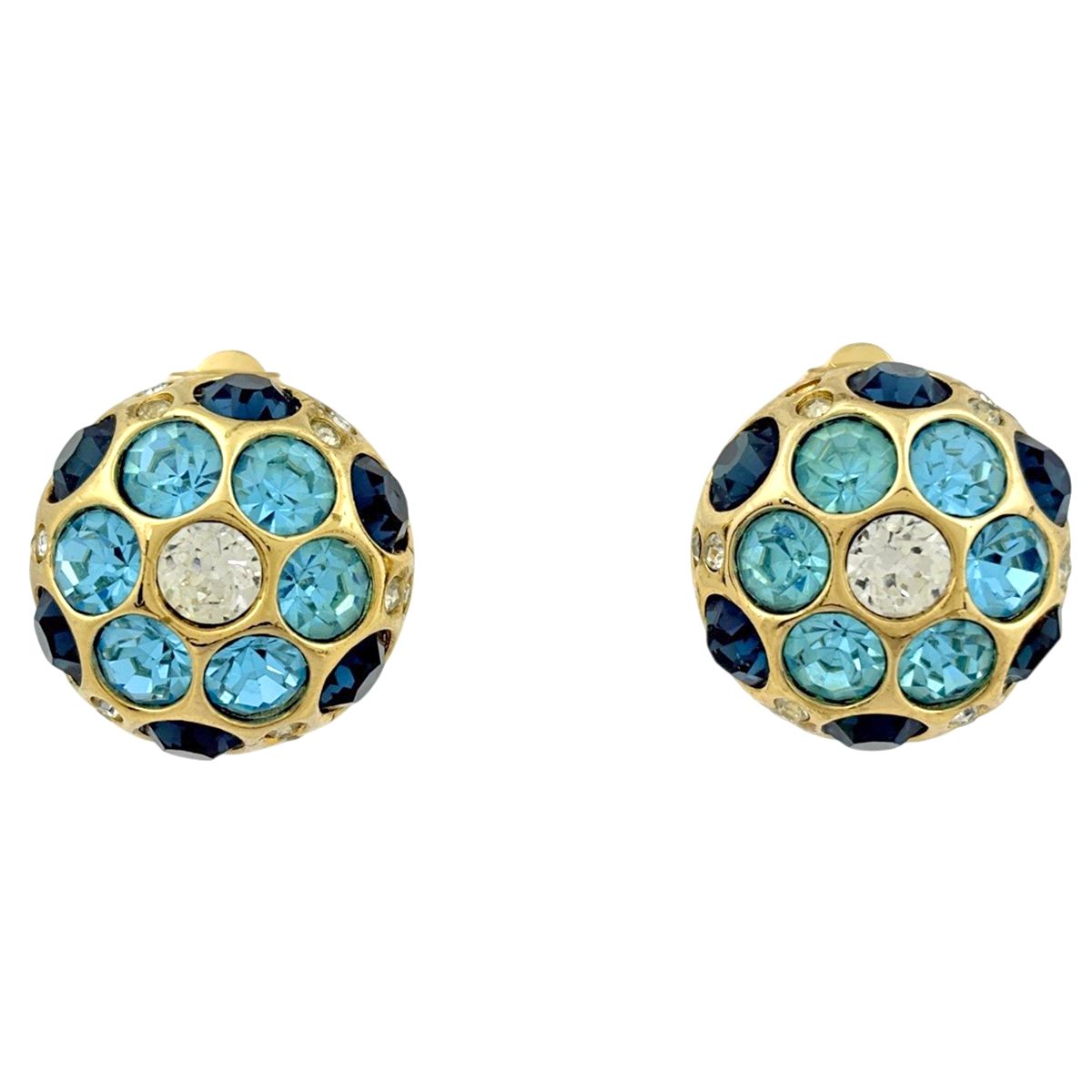 Dior Rhinestone Earrings Gold Plated Blue