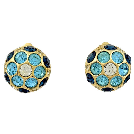Dior Rhinestone Earrings Gold Plated Blue