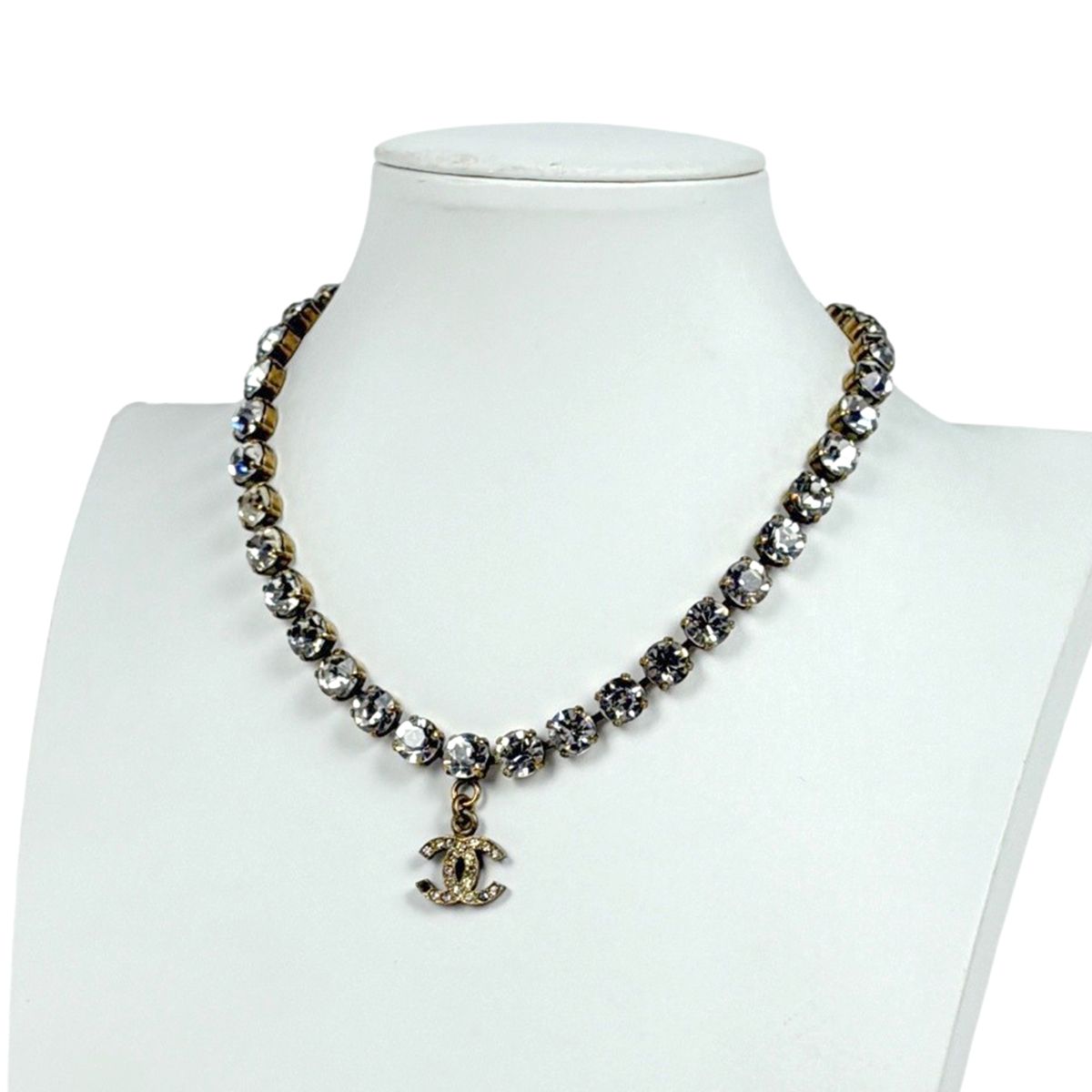 Chanel CC Logo Rhinestone Necklace Gold Plated — view 7