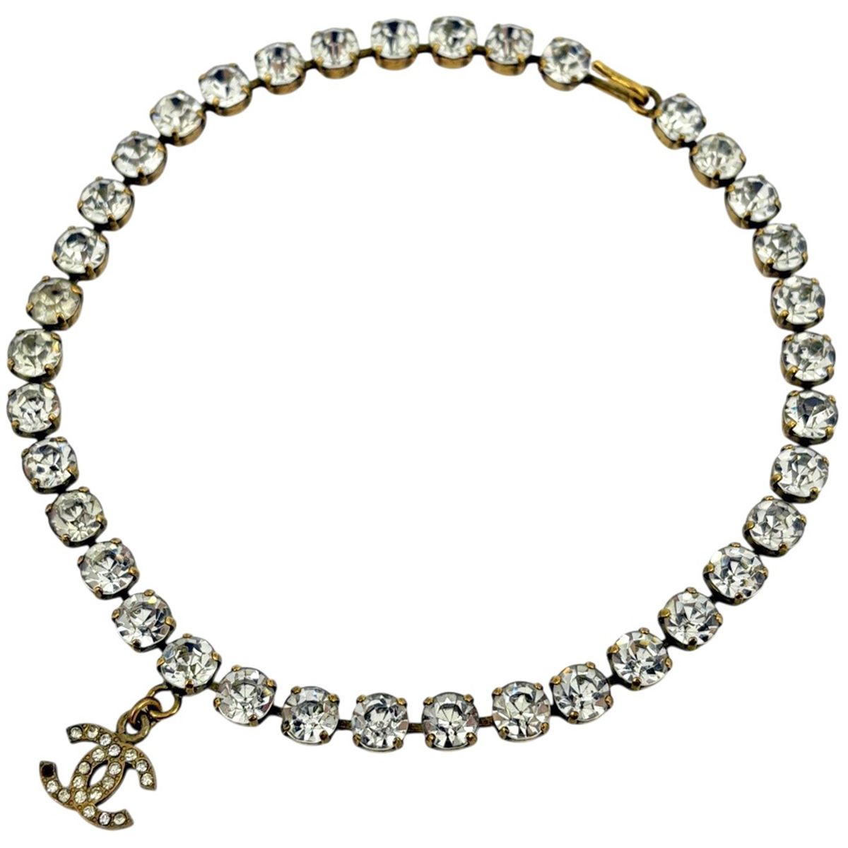 Chanel CC Logo Rhinestone Necklace Gold Plated