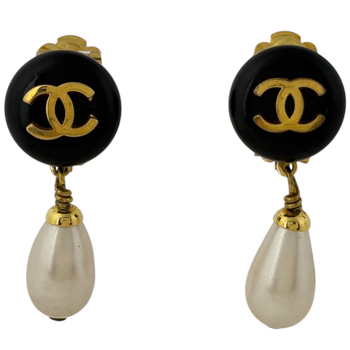 Chanel CC Logo Faux Pearl Earrings Swing Plastic Black Gold