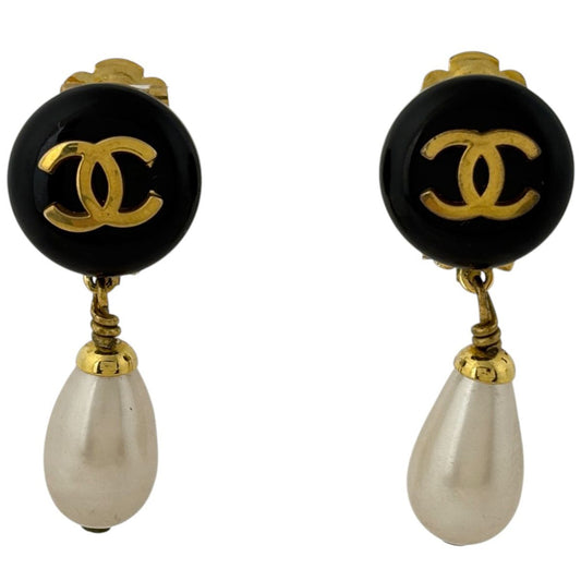 Chanel CC Logo Faux Pearl Earrings Swing Plastic Black Gold