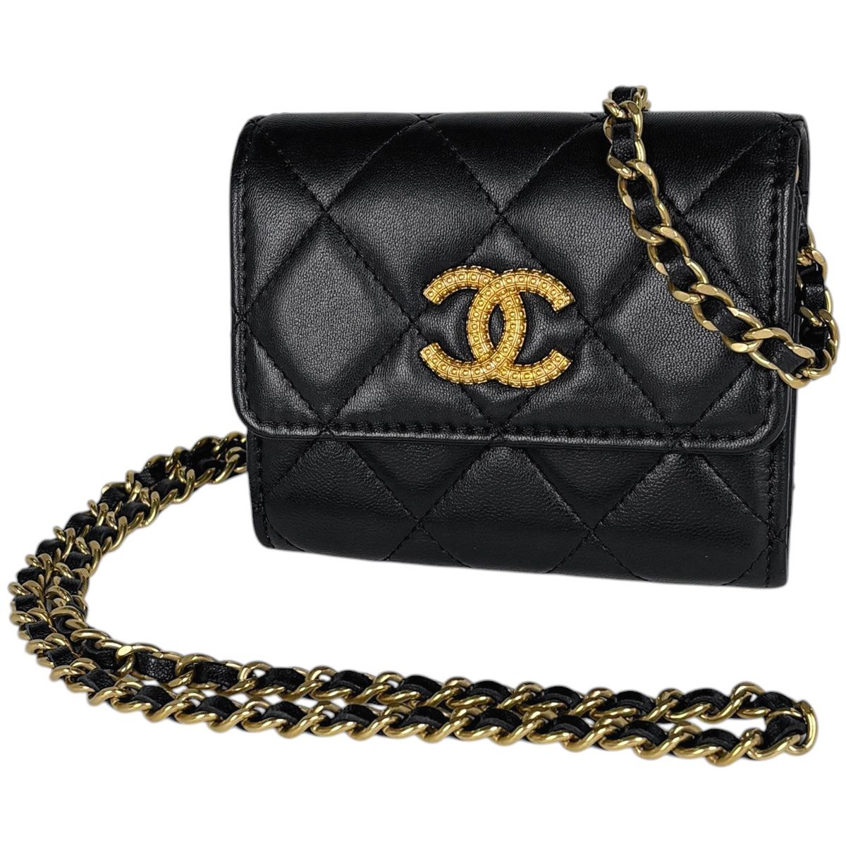 Chanel CC Logo Bifold Wallet Chain Card Case Leather Black
