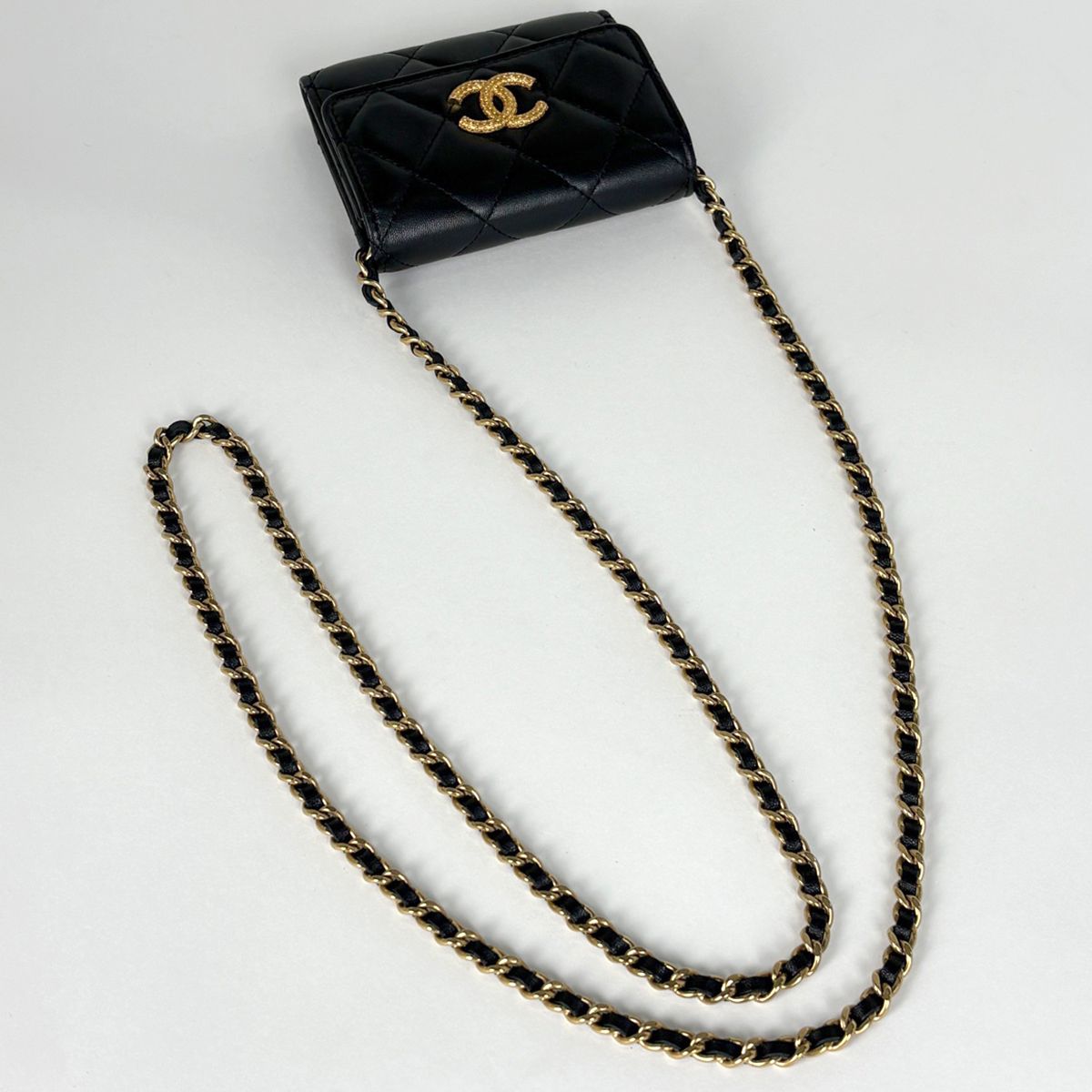 Chanel CC Logo Bifold Wallet Chain Card Case Leather Black — view 5
