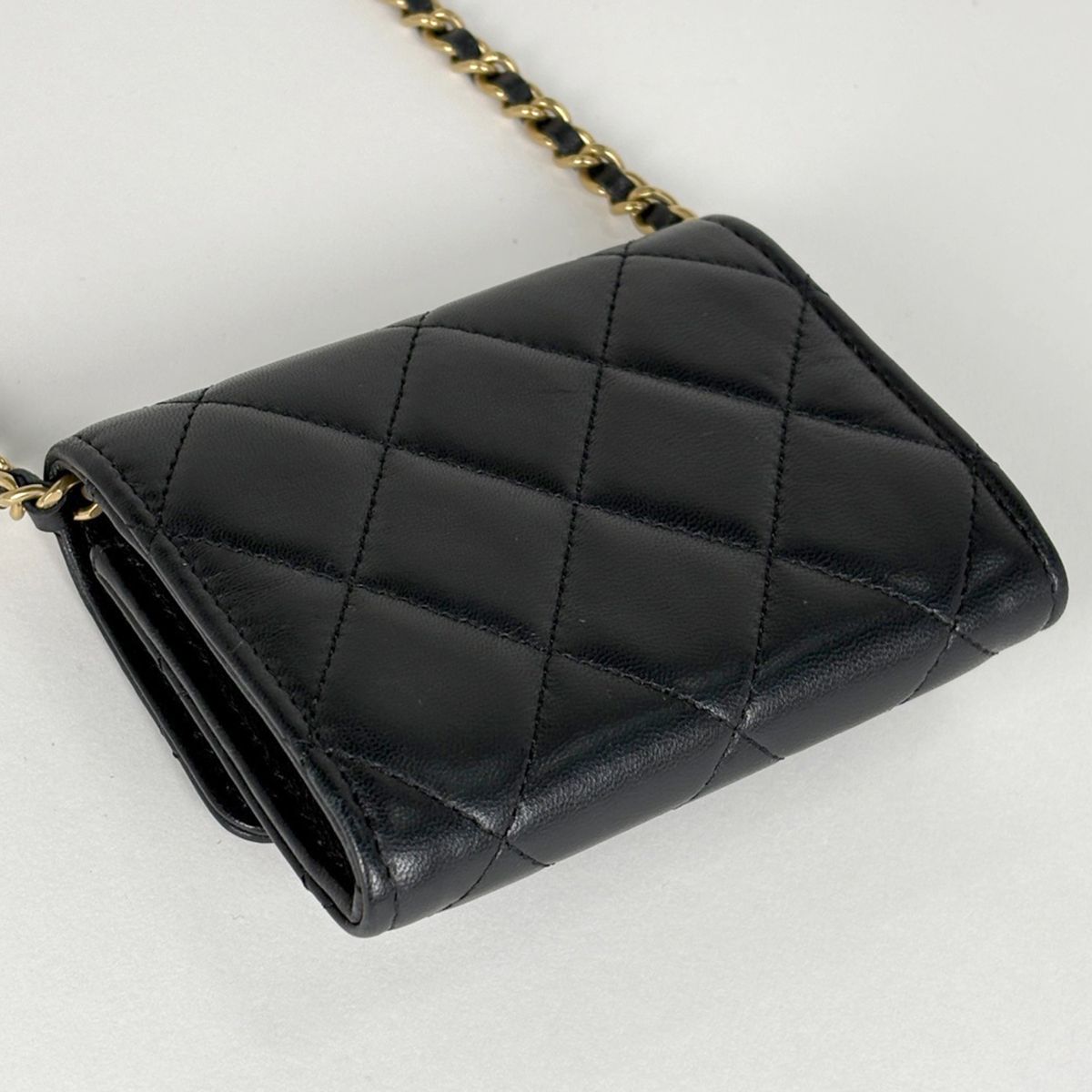 Chanel CC Logo Bifold Wallet Chain Card Case Leather Black — view 2