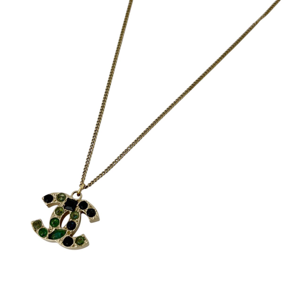 Chanel CC Logo Rhinestone Necklace Silver Plated Green