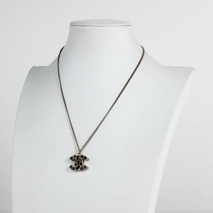 Chanel CC Logo Rhinestone Necklace Silver Plated Green — view 5