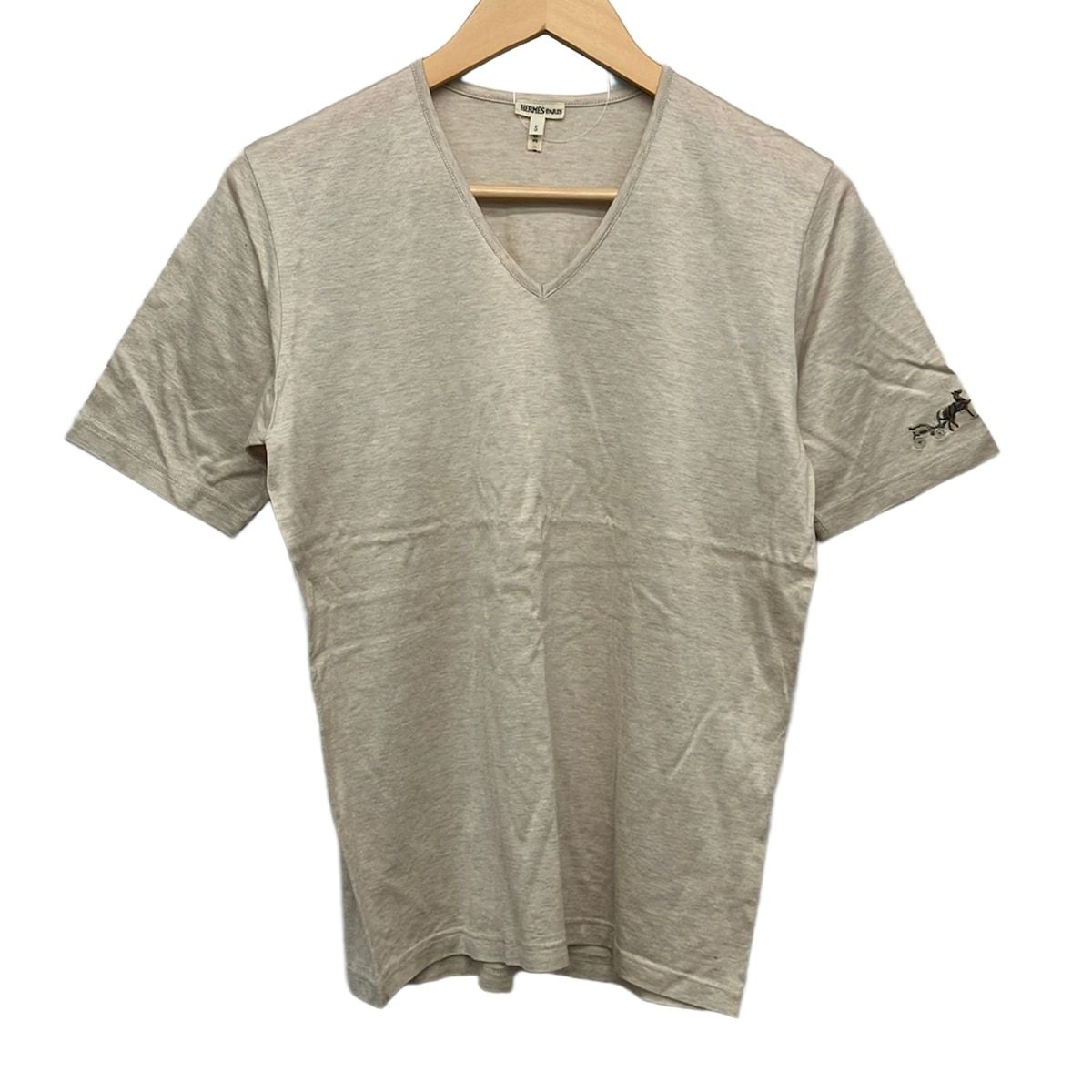 Hermes Short Sleeve T-Shirt S Beige Neck Carriage Embroidery