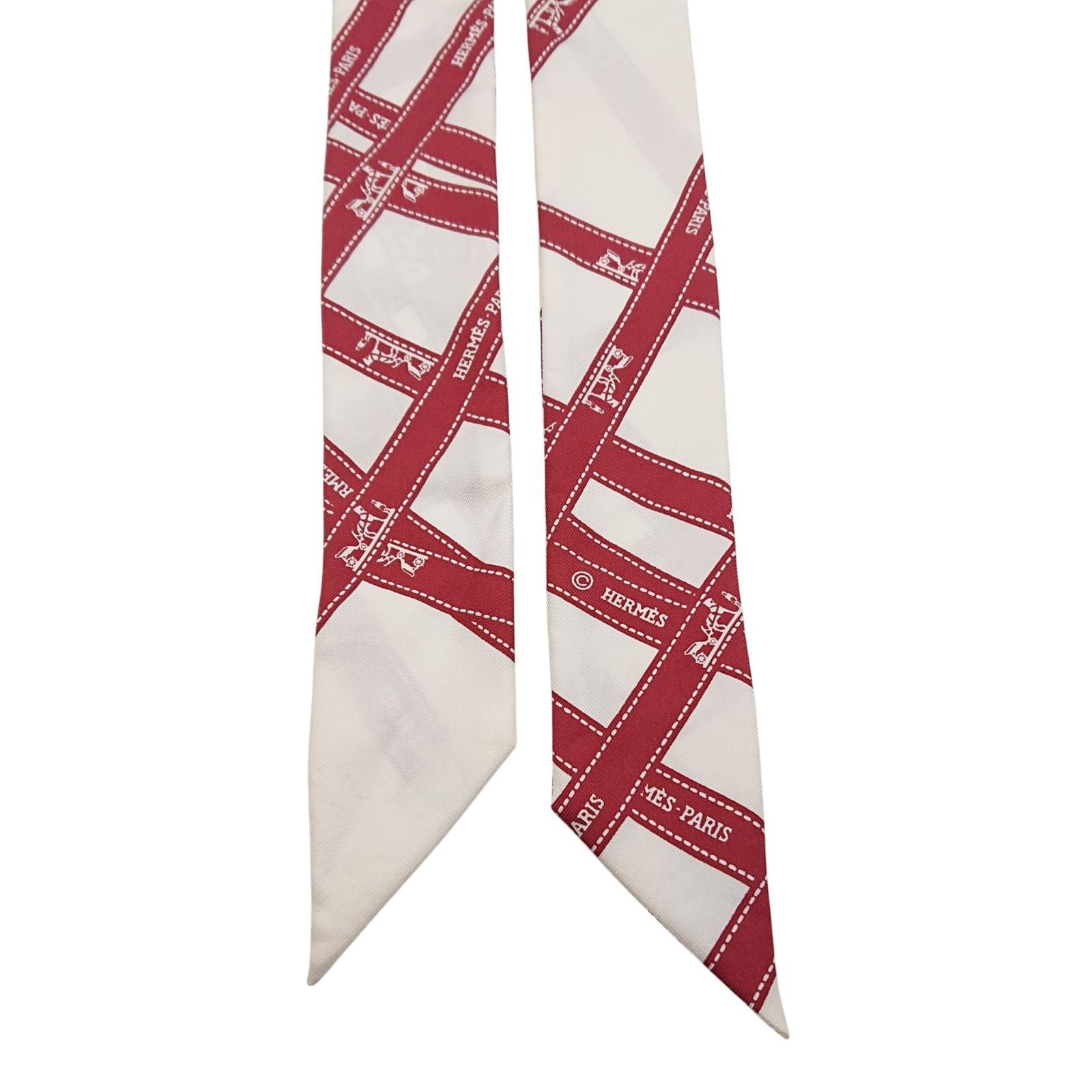 Hermes Twilly Bordeaux Ribbon Pattern White Scarf — view 6