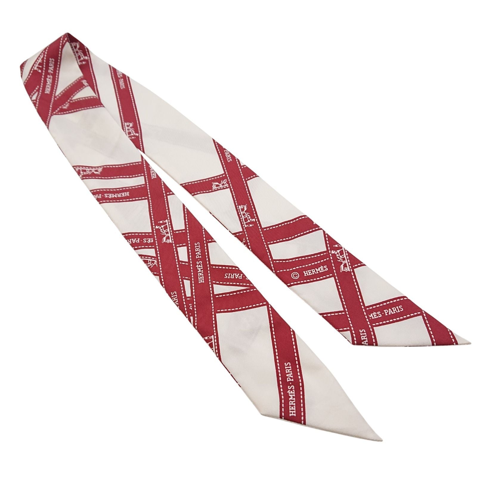 Hermes Twilly Bordeaux Ribbon Pattern White Scarf — view 2