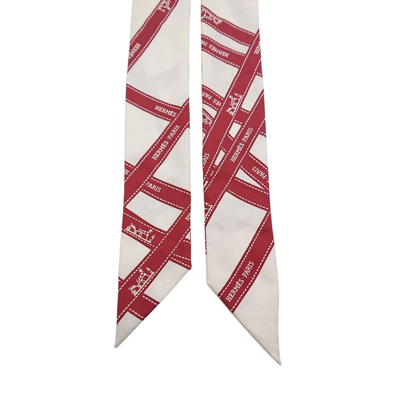 Hermes Twilly Bordeaux Ribbon Pattern White Scarf — view 4