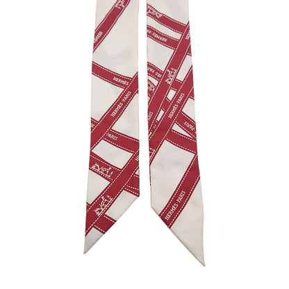 Hermes Twilly Bordeaux Ribbon Pattern White Scarf — view 4
