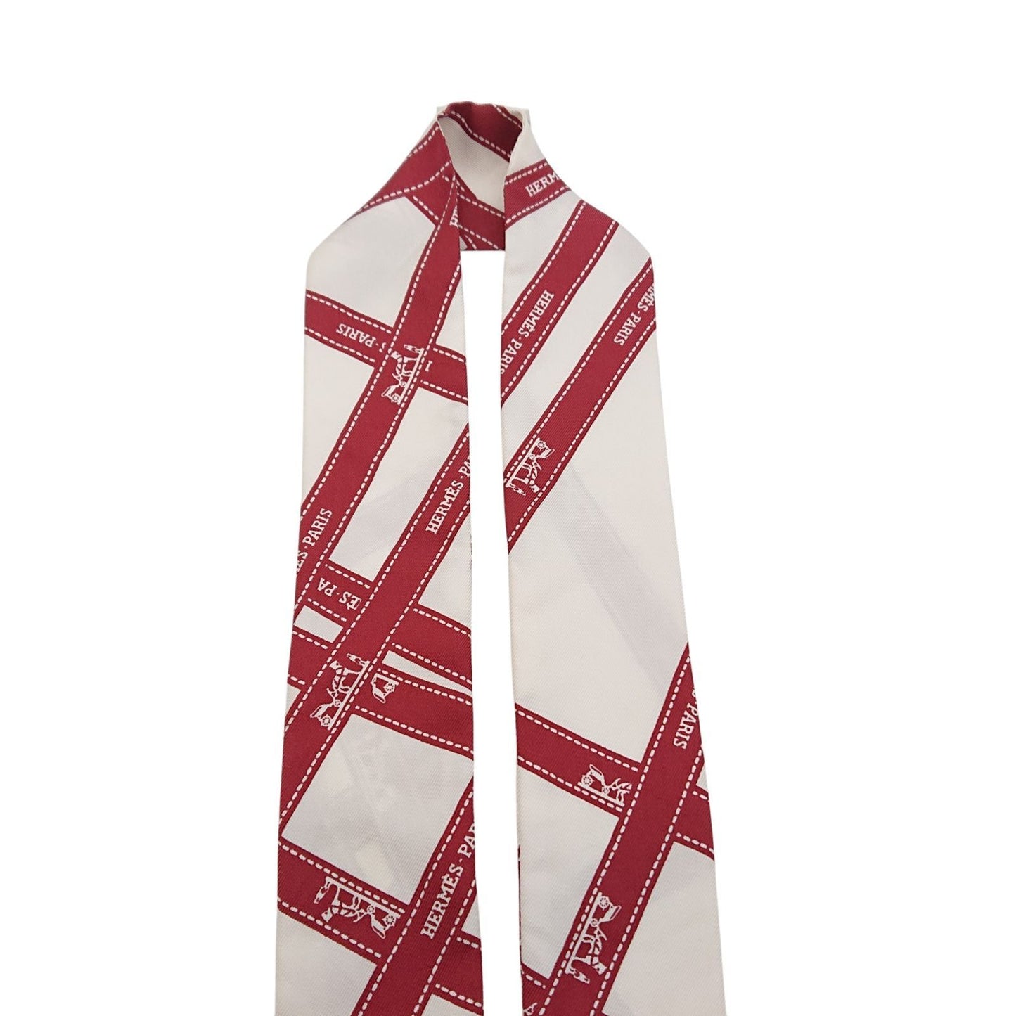 Hermes Twilly Bordeaux Ribbon Pattern White Scarf — view 7