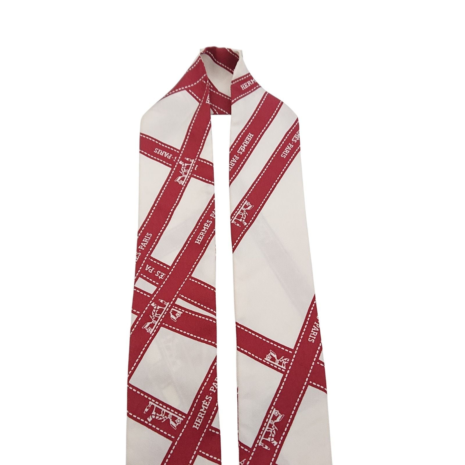 Hermes Twilly Bordeaux Ribbon Pattern White Scarf — view 7