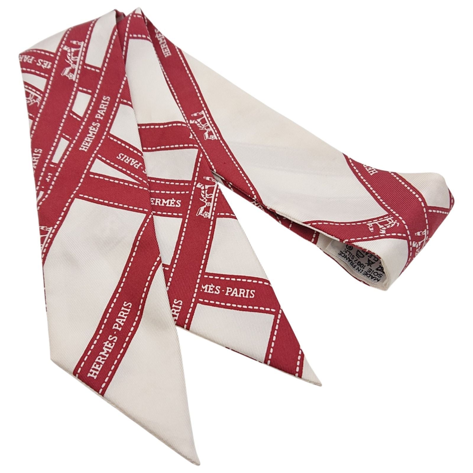 Hermes Twilly Bordeaux Ribbon Pattern White Scarf