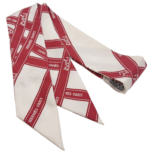 Hermes Twilly Bordeaux Ribbon Pattern White Scarf
