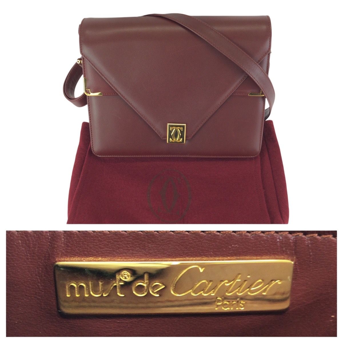 Cartier Vintage Must Line Wine Red Bordeaux Gold Leather Shoulder — view 4