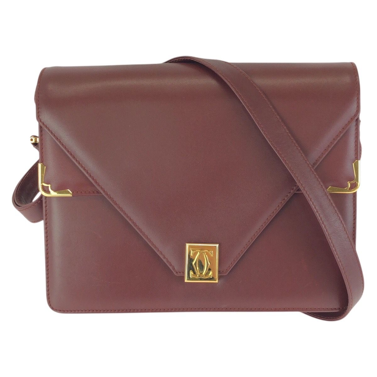 Cartier Vintage Must Line Wine Red Bordeaux Gold Leather Shoulder