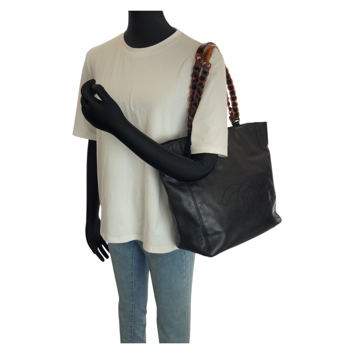 Chanel Vintage CC Logo Black Caviar Leather Marble Chain Tote Shoulder — view 7