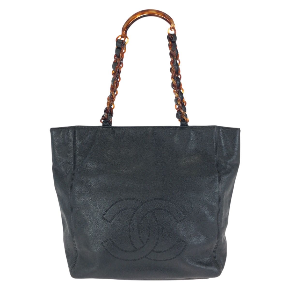Chanel Vintage CC Logo Black Caviar Leather Marble Chain Tote Shoulder