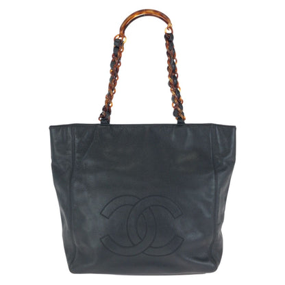 Chanel Vintage CC Logo Black Caviar Leather Marble Chain Tote Shoulder