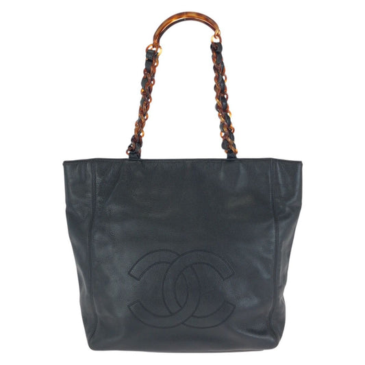 Chanel Vintage CC Logo Black Caviar Leather Marble Chain Tote Shoulder